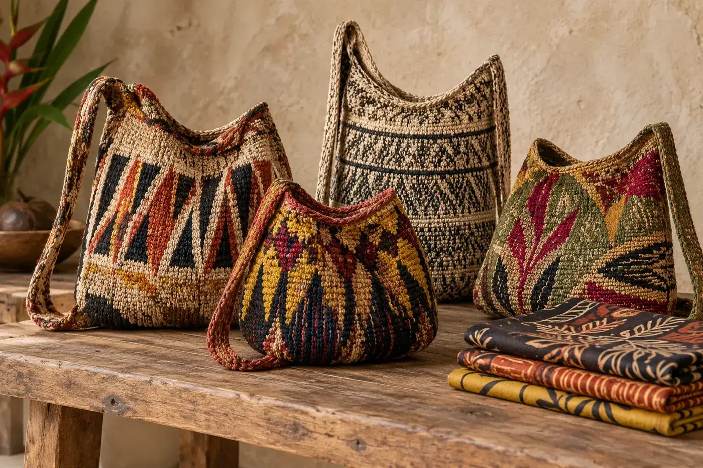 AI-generated example photo of colorful handwoven bilum bags and folded fabrics
