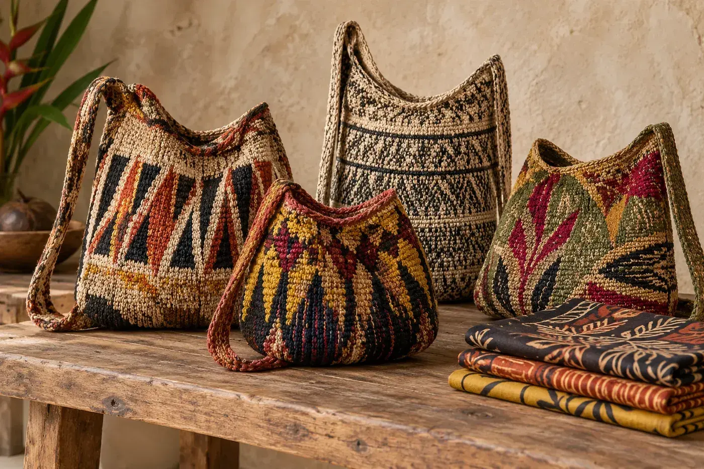 AI-generated example photo of colorful handwoven bilum bags and folded fabrics